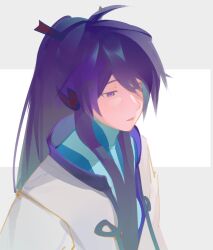  1boy blue_shirt bqcrop hair_between_eyes highres kamui_gakupo long_hair looking_ahead male_focus parted_lips popped_collar purple_hair shirt solo turtleneck upper_body very_long_hair violet_eyes vocaloid 