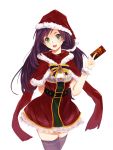 1girl :d arm_behind_back black_legwear bow card christmas cowboy_shot green_eyes hat highres holding long_hair looking_at_viewer love_live!_school_idol_project open_mouth purple_hair santa_hat skindentation skirt small_breasts smile solo thigh-highs toujou_nozomi twintails yan_wen_zi zettai_ryouiki 