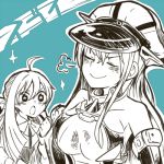  2girls bismarck_(kantai_collection) breast_awe breasts closed_eyes itomugi-kun kantai_collection kiyoshimo_(kantai_collection) long_hair lowres monochrome multiple_girls simple_background smile surprised 