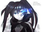  1girl black_hair black_rock_shooter black_rock_shooter_(character) blue_eyes chromatic_aberration face glowing glowing_eyes happy_birthday hoodie joshua_lee long_hair looking_to_the_side parted_lips solo spot_color twintails 