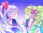  2girls ahoge bangs bisco9skm blush bow closed_eyes drill_hair falulu from_side gem green_hair hair_bow headphones heart highres holding_microphone lace long_hair manaka_lala microphone multiple_girls pripara purple_hair short_sleeves smile star tiara twin_drills twintails 