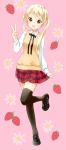  1girl black_legwear blonde_hair food fruit jinbara_tatsuichi long_hair original skirt smile solo strawberry thigh-highs twintails uniform v 