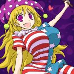  1girl blonde_hair breasts clownpiece crazy_eyes fang hat heart huge_breasts jester_cap long_hair oro_(zetsubou_girl) pantyhose solo touhou violet_eyes 