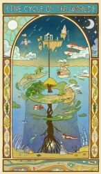  absurdres architecture border bubble building card_(medium) clouds commentary_request crescent_moon english_text fish floating_island flying_fish forest highres moon nature original ornate_border outdoors plant scenery sky sun tarot tarot_(medium) tree village water wings ya0n0524 