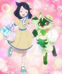  1girl :d aqua_shoes bag black_hair bubble_background closed_eyes dress floragato full_body hair_ornament hairclip hat highres liko_(pokemon) medium_hair open_mouth pokemoa pokemon shoes shopping_bag smile socks sparkle_background straw_hat white_socks yellow_dress 