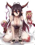  1girl antenna_hair bandaged_arm bandages black_gloves black_hair breasts cleavage crescent danua doll dress fingerless_gloves gloves granblue_fantasy hair_between_eyes highres horn_ornament horns jewelry large_breasts long_hair looking_at_viewer necklace pointy_ears red_eyes solo white_dress yukihama 