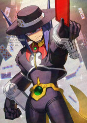  1boy ace_(playing_card) ace_of_spades black_hat black_jacket card cowboy_shot hat holding holding_card jacket male_focus mega_man_(series) mega_man_x:_command_mission mega_man_x_(series) playing_card red_eyes solo spade_(shape) spider_(mega_man) ten_of_hearts yamanashi_taiki 