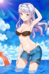  1girl absurdres bikini_top breasts dr_poapo hairband highres idolmaster long_hair open_mouth red_eyes shijou_takane shorts silver_hair smile solo sunlight wading 