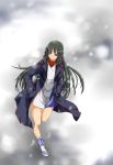  1girl black_hair blush boots grey_eyes hands_in_pockets long_coat long_hair long_sleeves lxz minashiro_tsubaki shiny shiny_hair skirt smile snow snowing solo soukyuu_no_fafner very_long_hair 