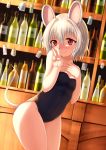  1girl absurdres animal_ears bare_arms blush bottle flat_chest glass_bottle hand_on_own_chest highres indoors leotard mouse_ears mouse_tail nazrin nose_blush one-piece_swimsuit playboy_bunny_leotard red_eyes rumaki short_hair silver_hair smile solo standing swimsuit tail touhou v 