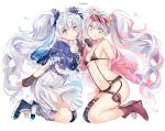  2girls :q bikini blush dress earmuffs fuyu_no_yoru_miku goggles goggles_on_head hatsune_miku kneeling long_hair looking_at_viewer mery_(apfl0515) multiple_girls navel single_thighhigh smile star star-shaped_pupils swimsuit symbol-shaped_pupils thigh-highs tongue tongue_out twintails very_long_hair vocaloid white_background 