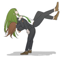  1boy 1girl ahoge assisted_stretching back-to-back black_jacket black_pants black_suit brown_hair brown_shoes collared_shirt dress_shirt faceless green_hair highres hod_(project_moon) jacket lobotomy_corporation long_hair netzach_(project_moon) ori_oriio pants project_moon shirt shoes simple_background suit white_background white_shirt 