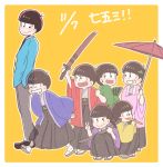  6+boys black_hair brothers choromatsu dated dual_persona fan hands_in_pockets heart heart_in_mouth ichimatsu japanese_clothes jyushimatsu karamatsu looking_down male_focus multiple_boys oriental_umbrella osomatsu-kun osomatsu-san osomatsu_(osomatsu-kun) paper_fan see-through sextuplets siblings simple_background smile sword todomatsu umbrella v weapon yellow_background younger 