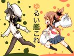  2girls bag black_eyes black_hair borrowed_character brown_hair chasing closed_eyes commentary_request female_admiral_(kantai_collection) fleeing getumentour highres inazuma_(kantai_collection) kantai_collection miss_cloud multiple_girls open_mouth translated watabe_koharu 