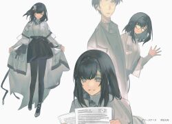  1boy 1girl absurdres arknights black_hair black_hairband black_pantyhose black_skirt coat flower glasses grey_eyes hair_flower hair_ornament hairband highres long_hair pantyhose parted_lips priestess_(arknights) simple_background skirt solo solo_focus sweater turtleneck turtleneck_sweater white_coat white_flower white_sweater yuishironeko 