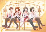  4girls :d ;d absurdres black_eyes black_legwear brown_hair cake clenched_hands detached_sleeves edwin_(cyberdark_impacts) food glasses grey_hair hairband haruna_(kantai_collection) hiei_(kantai_collection) highres kantai_collection kirishima_(kantai_collection) kongou_(kantai_collection) long_hair looking_at_viewer multiple_girls nontraditional_miko one_eye_closed open_mouth pleated_skirt short_hair sitting skirt smile thigh-highs zettai_ryouiki 