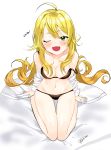  1girl absurdres ahoge blonde_hair bra breasts dr_poapo green_eyes highres hoshii_miki idolmaster long_hair one_eye_closed open_clothes open_mouth open_shirt panties shirt smile solo strap_slip underwear 