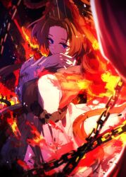  1girl backlighting blue_eyes brown_hair burnt_clothes chain choker curtains dress e.g.o_(project_moon) fire highres holding indicant's_trial_(e.g.o) limbus_company long_hair looking_at_viewer off_shoulder pmchell_04 project_moon rodion_(project_moon) simple_background solo white_dress 