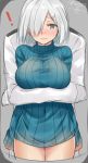  ! 1girl admiral_(kantai_collection) alternate_costume blue_eyes blush breasts closed_mouth grey_hair hair_ornament hair_over_one_eye hairclip hamakaze_(kantai_collection) hug hug_from_behind isshiki_(ffmania7) kantai_collection ribbed_sweater short_hair silver_hair simple_background sketch solo_focus sweater turtleneck twitter_username wavy_mouth 