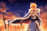  1girl absurdres ahoge armor armored_dress artist_request blonde_hair blue_eyes cape clouds excalibur fate/stay_night fate_(series) field_of_blades flag fur-trimmed_cape gauntlets highres saber sky solo sword type-moon weapon 