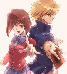  1boy 1girl back-to-back blonde_hair blue_bow blue_skirt bow breasts brown_eyes brown_hair card collared_shirt commentary domino_high_school_uniform duel_disk foreshortening hair_between_eyes hair_intakes highres holding holding_card jacket jonouchi_katsuya long_sleeves looking_at_viewer mazaki_anzu one_eye_closed open_mouth pink_jacket school_uniform shirt short_hair skirt smile upper_body white_background white_shirt yayuyo_(kana_toco) yu-gi-oh! yu-gi-oh!_duel_monsters 