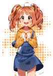  1girl :d absurdres ahoge artist_name blush brown_hair dr_poapo flower green_eyes hair_flower hair_ornament highres hoodie idolmaster looking_at_viewer open_mouth smile solo strap_slip takatsuki_yayoi twintails vertical_stripes 
