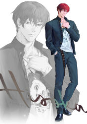  1boy absurdres adjusting_collar belt black_shoes blue_gakuran blue_jacket blue_pants character_name character_print closed_mouth commentary_request dongzak_o0 full_body gakuran gon_freecss hair_between_eyes hand_in_pocket highres hisoka_morow hunter_x_hunter jacket jewelry looking_at_viewer male_focus necklace open_clothes open_jacket pants red_hair school_uniform shirt shoes short_hair solo twitter_username white_shirt yellow_eyes zoom_layer 