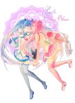  2girls blue_eyes blue_hair boots cherry closed_eyes detached_sleeves earmuffs flower_(symbol) food fruit hatsune_miku heart holding_hands interlocked_fingers long_hair miniskirt multiple_girls necktie one_eye_closed pink_hair pleated_skirt sakura_miku scarf skirt smile snowflake_print thigh-highs thigh_boots twintails udo_(zzinya) very_long_hair vocaloid yuki_miku zettai_ryouiki 