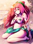  1girl adapted_costume bikini blue_eyes blush breasts cleavage commentary_request hacka_doll hacka_doll_2 hand_on_own_cheek highres large_breasts long_hair looking_at_viewer mayonaka_taruho navel pink_eyes pink_hair sarong sitting smile solo swimsuit wariza 
