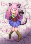  1girl ;3 animal_ears arm_up blue_eyes boots bow cat_ears cat_tail commentary_request gloves hashimoto_nyan knee_boots multicolored_hair one_eye_closed osomatsu-san paw_gloves pigeon-toed pink_hair school_uniform solo streaked_hair tail 