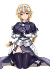  1girl armor armored_dress blonde_hair blue_eyes breasts chain fate/apocrypha fate/stay_night fate_(series) hands_clasped jilllxlxl kneeling knees_together_feet_apart large_breasts long_hair ruler_(fate/apocrypha) solo thigh-highs type-moon 