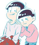  2boys 720_72 :3 alternate_costume black_hair brothers casual clothes_around_waist hands_in_pockets hands_on_shoulders jacket_around_waist layered_clothing long_sleeves lowres male_focus multiple_boys osomatsu-kun osomatsu-san osomatsu_(osomatsu-kun) siblings simple_background smile sweater todomatsu white_background 