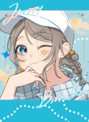  1girl ;3 anchor_earrings artist_name blue_background blue_eyes blush braid commentary_request earrings gim_(gim-gim-3919) grey_hair grey_shirt hair_ornament hairpin happy_birthday hat highres jewelry letterboxed looking_at_viewer love_live! love_live!_sunshine!! low_twin_braids medium_hair one_eye_closed plaid_clothes plaid_shirt portrait shirt solo star_(symbol) star_hair_ornament twin_braids twitter_username unmoving_pattern watanabe_you white_hat 