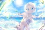  1girl aisudare bikini blue_eyes blush breasts large_breasts looking_at_viewer oppai_loli rainbow sailor_collar short_hair smile solo swimsuit water water_drop wet white_hair 