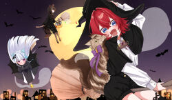  3girls 3znk absurdres alternate_costume alternate_hairstyle ange_katrina animal_ears animal_on_shoulder banken_(inui_toko) bat_(animal) bat_hair_ornament bird black_capelet black_dress black_hat black_shoes black_shorts black_thighhighs blue_eyes blue_hair blunt_bangs blush bow braid breasts broom broom_riding brown_cat brown_pantyhose brown_tail candy capelet cat cat_on_shoulder collared_shirt cone_hair_bun crossed_bangs dog_ears dog_girl dog_tail double_bun dress english_commentary fanged_bangs floating_hair flying food full_moon ghost hair_between_eyes hair_bun hair_intakes hair_ornament hair_over_shoulder hair_ribbon halloween halloween_bucket halloween_costume hand_on_headwear hat highres holding holding_broom inui_toko jewelry lize_helesta long_bangs long_hair long_sleeves looking_at_viewer medium_breasts moon multicolored_hair multiple_girls neck_ribbon necklace night night_sky nijisanji open_mouth pantyhose pointy_hat puffy_long_sleeves puffy_sleeves purple_bow purple_sky red_hair red_ribbon ribbon sanbaka_(nijisanji) sebastian_piyodore shirt shoes short_hair shorts side_braid sidesaddle sky small_breasts spider_web_hair_ornament star_(sky) streaked_hair tail teeth thigh-highs v-shaped_eyebrows virtual_youtuber white_hair white_shirt wide_brim witch witch_hat yellow_bird 