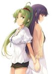  2girls casual cutoffs dress fringe from_side furude_rika green_eyes green_hair hair_scrunchie higurashi_no_naku_koro_ni holding_hands jewelry light_smile long_hair multiple_girls necklace pendant ponytail puffy_short_sleeves puffy_sleeves shirt short_sleeves shorts simple_background sonozaki_mion tomozo_kaoru white_background white_dress white_shirt 