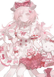  1girl absurdres animal_ears arknights bow closed_mouth commentary cup dress drink english_commentary gloves goldenglow_(arknights) goldenglow_(party_in_the_garden)_(arknights) hair_bow hair_ornament heart heart_hair_ornament hello_kitty hello_kitty_(character) highres holding holding_drink light_blush long_hair looking_at_viewer luozhou_pile official_alternate_costume pale_color pantyhose pink_bow pink_hair sanrio short_dress simple_background solo split_mouth teacup white_background white_dress white_gloves white_pantyhose yellow_eyes 