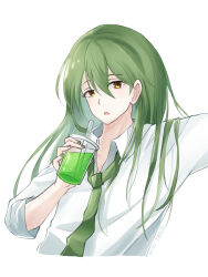  1boy collared_shirt cropped_torso cup disposable_cup dress_shirt enkephalin_(project_moon) green_hair green_nails green_necktie lobotomy_corporation long_hair loose_necktie male_focus necktie netzach_(project_moon) open_collar ori_oriio parted_lips project_moon shirt solo upper_body white_shirt 