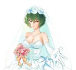  1girl bare_shoulders bouquet breasts bridal_veil cleavage cowboy_shot dress earrings flower foreshortening green_hair hair_between_eyes highres jewelry kazami_yuuka looking_at_viewer necklace open_mouth pink_rose pov puchikya red_eyes ring rose short_hair solo strapless_dress touhou veil wedding_band wedding_dress white_background white_dress 