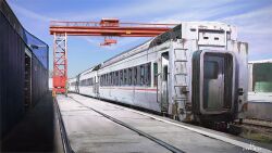  2boys blue_sky building crane_(machine) day lhlclllx97 multiple_boys original railroad_tracks russia scenery security_camera shipping_container sky soldier train train_station train_station_platform warehouse window 
