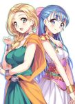  2girls :d belt bianca blonde_hair blue_eyes blue_hair blush braid breasts cleavage dragon_quest dragon_quest_v earrings flora gan_(shanimuni) green_eyes highres jewelry long_hair looking_at_viewer multiple_girls open_mouth simple_background smile teeth white_background 