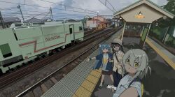  3girls absurdres ahoge black_hair blue_eyes blue_hair bucket_hat cellphone cross cross_necklace double_v foreshortening grey_hair hair_between_eyes hat highres holding holding_phone jewelry krisame_amane legs_apart long_hair medium_hair multiple_girls necklace open_mouth original outdoors outstretched_arms overcast overhead_line phone pointy_ears railroad_tracks real_world_location scenery selfie short_eyebrows short_sleeves skirt sky smartphone spread_arms tactile_paving train train_station_platform two_side_up v yellow_eyes 