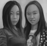  2girls asian bangs eyebrows eyelashes eyes fla forehead greyscale hair_over_shoulder jacket light_smile lips long_hair long_sleeves looking_at_viewer monochrome multiple_girls nose open_clothes open_jacket original parted_lips realistic shirt side-by-side simple_background smile 