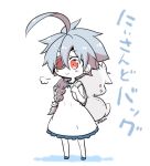  &gt;:) 1girl ahoge alternate_costume backpack bag blazblue braid character_doll dress eyepatch hair_between_eyes kuro_yuzu long_hair nu-13 ragna_the_bloodedge red_eyes silver_hair simple_background single_braid smile solo standing translation_request white_background white_dress 