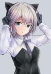  1girl :o anastasia_(idolmaster) animal_ears black_gloves blue_eyes cat_ears color_connection cosplay gloves idolmaster idolmaster_cinderella_girls long_sleeves looking_at_viewer nannacy7 necktie sanya_v_litvyak sanya_v_litvyak_(cosplay) short_hair silver_hair solo strike_witches trait_connection 