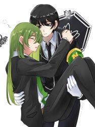  2boys armband black_hair black_necktie black_pants black_suit blush bug butterfly carrying carrying_person collared_shirt cowboy_shot e.g.o_(project_moon) gloves green_armband green_hair green_necktie highres limbus_company lobotomy_corporation long_hair multiple_boys necktie netzach_(project_moon) ori_oriio pants princess_carry project_moon shirt short_hair simple_background sleeping solemn_lament_(e.g.o) suit white_background white_gloves white_shirt yi_sang_(project_moon) 