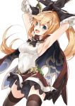  1girl 218 armpits arms_up black_legwear blue_eyes breasts brown_hair cape clarisse_(granblue_fantasy) gloves granblue_fantasy hair_ribbon long_hair looking_at_viewer open_mouth ponytail ribbon sideboob skirt smile solo thigh-highs 