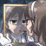  1girl ashigara_(kantai_collection) brown_eyes brown_hair empty_eyes gloves hairband kantai_collection lonely long_hair mirror pocky remodel_(kantai_collection) solo tokkyuu_mikan uniform 