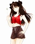  1girl breasts brown_hair don0074 fate/stay_night fate_(series) furrowed_eyebrows green_eyes hand_on_hip highres midriff navel sideboob small_breasts solo tank_top toosaka_rin twintails 