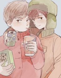  2boys animification arm_around_neck box breast_pocket brown_eyes brown_hair buttons can collared_jacket cup disposable_cup drink_can drinking drinking_straw eric_cartman fingernails green_eyes green_hat grey_background hair_between_eyes hat highres holding holding_box holding_can holding_cup jacket kyle_broflovski long_sleeves looking_at_viewer male_focus multiple_boys orange_hair orange_jacket pocket puffy_long_sleeves puffy_sleeves red_jacket short_hair simple_background soda_can south_park tsu_da upper_body 